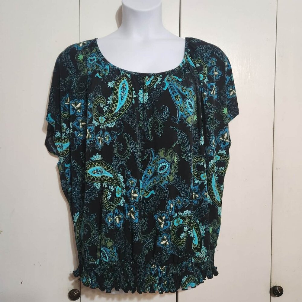 Apt 9 Plus 1X Paisley Blouse Smocked Waist Short Sleeve Boho Chic Peasant Top